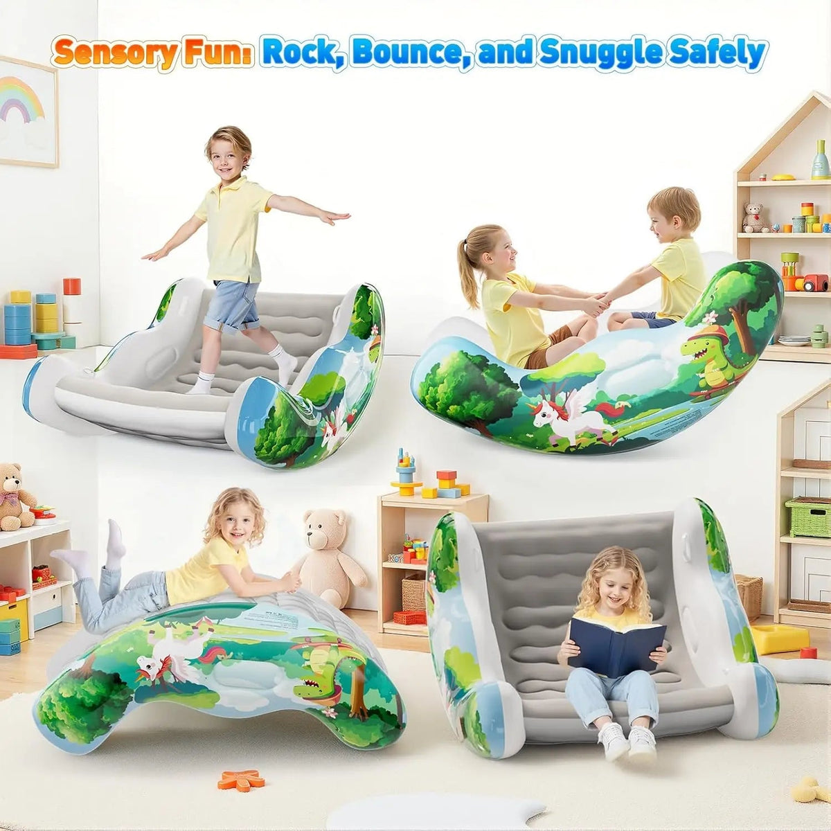 🧸 Inflatable Sensory Rocking Chair for Kids | Montessori Air Cloud Rocker Sofa for Ages 3–8,Sensory Room Supply for Autism ADHD, Premium Leak-Proof PVC, Portable Inflation, Self-Soothing Motor Skills Training Birthday Cool Gift